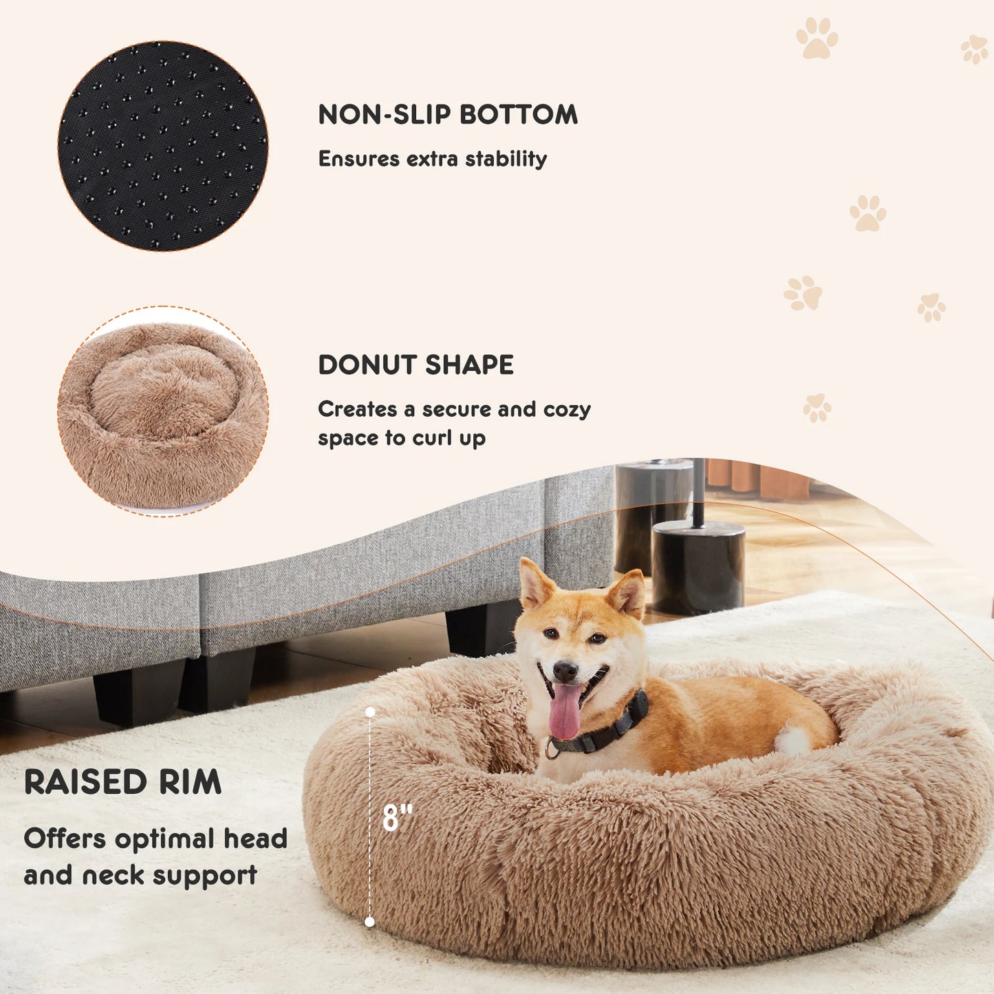 JHK Calming Dog Bed Washable Anti Slip Plush Faux Fur