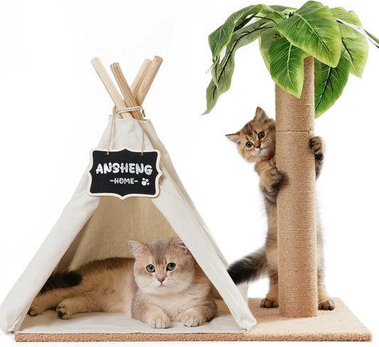 MEWOOFUN Cat Scratching Post Teepee Tree Indoor Play House