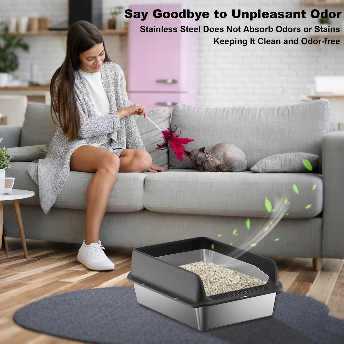 HiMISSH Stainless Cat Litter Box High Sided With Double Mat