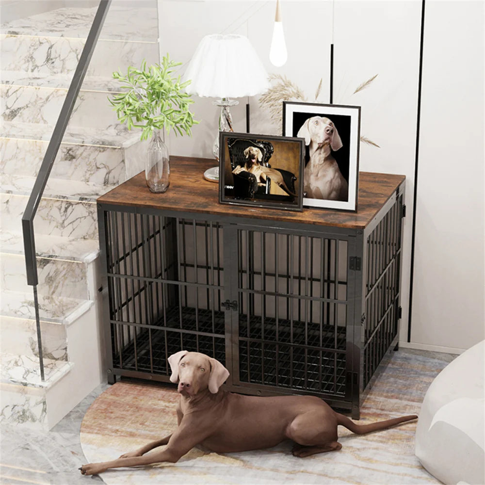 BORWARTH Wooden Elevated Dog Crate Table Kennel With 3 Doors