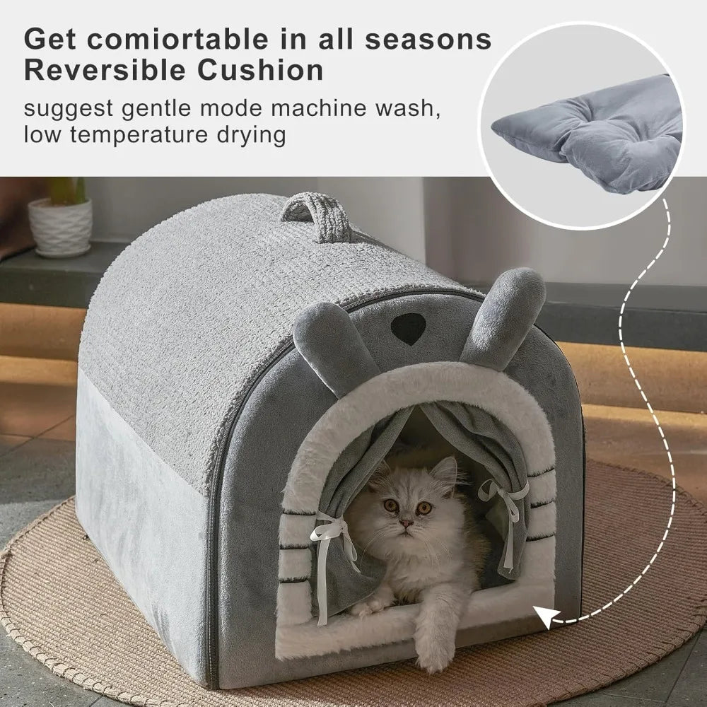 Indoor Dog Cave Bed With Door Curtain And Reversible Pad