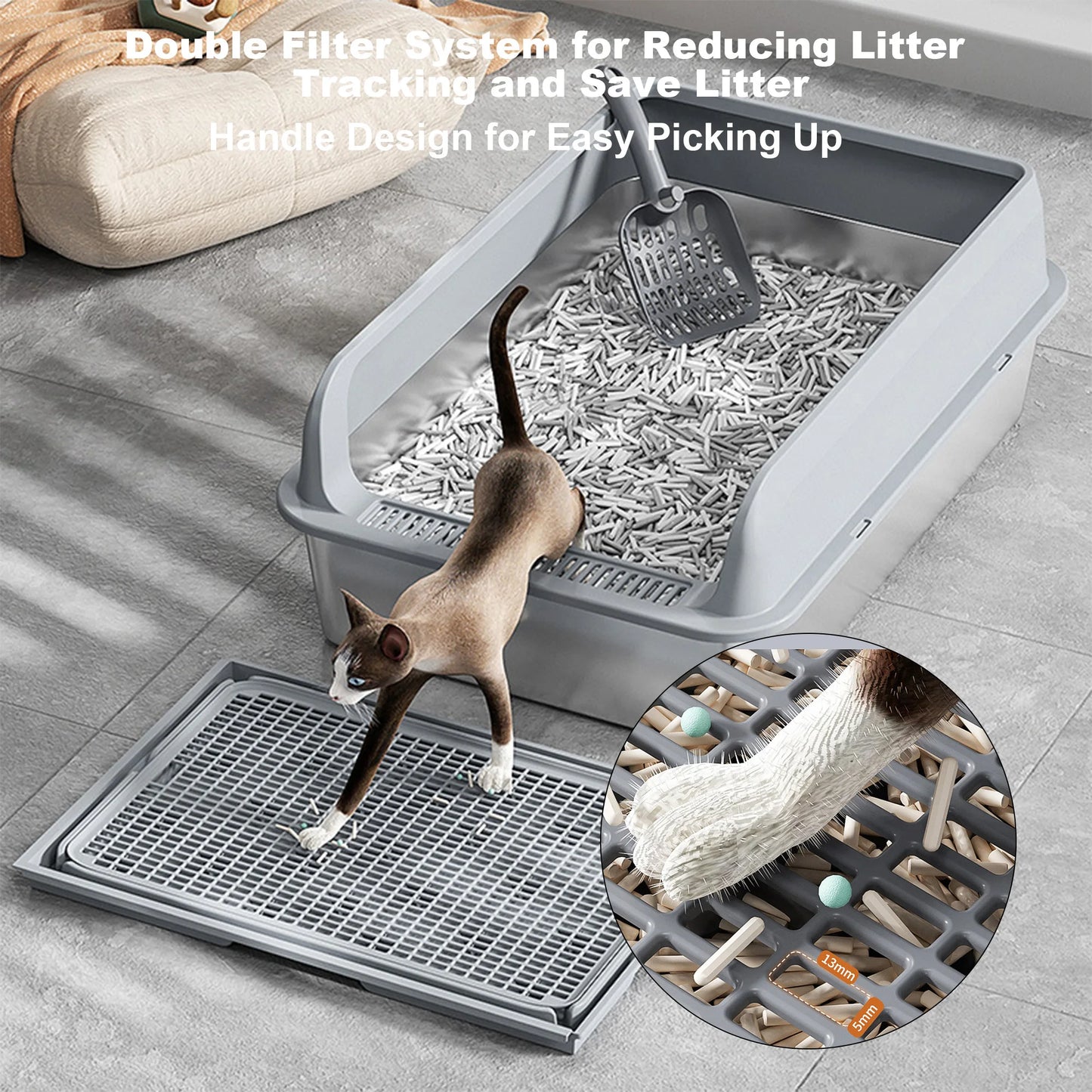 HiMISSH Stainless Cat Litter Box High Sided With Double Mat