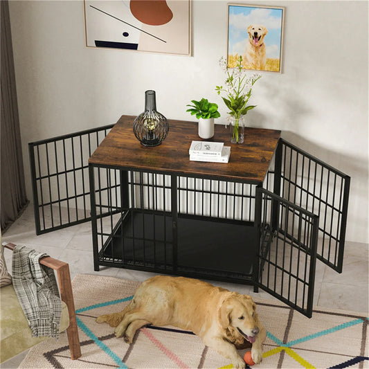 BORWARTH Wooden Elevated Dog Crate Table Kennel With 3 Doors