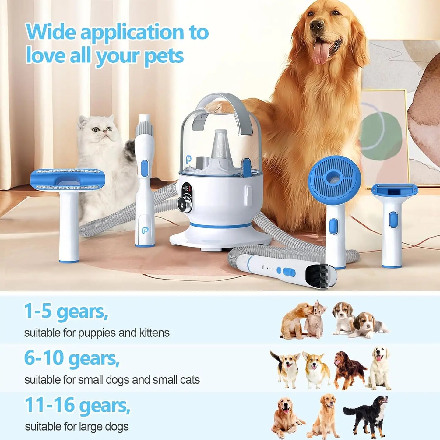 Hign-Concerned Pet Grooming Vacuum Kit 5 In 1 Low Noise