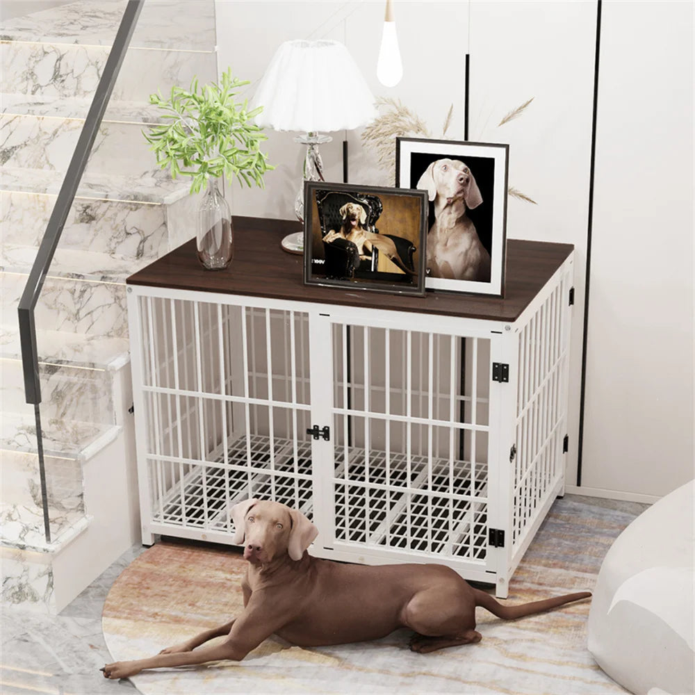 BORWARTH Wooden Elevated Dog Crate Table Kennel With 3 Doors