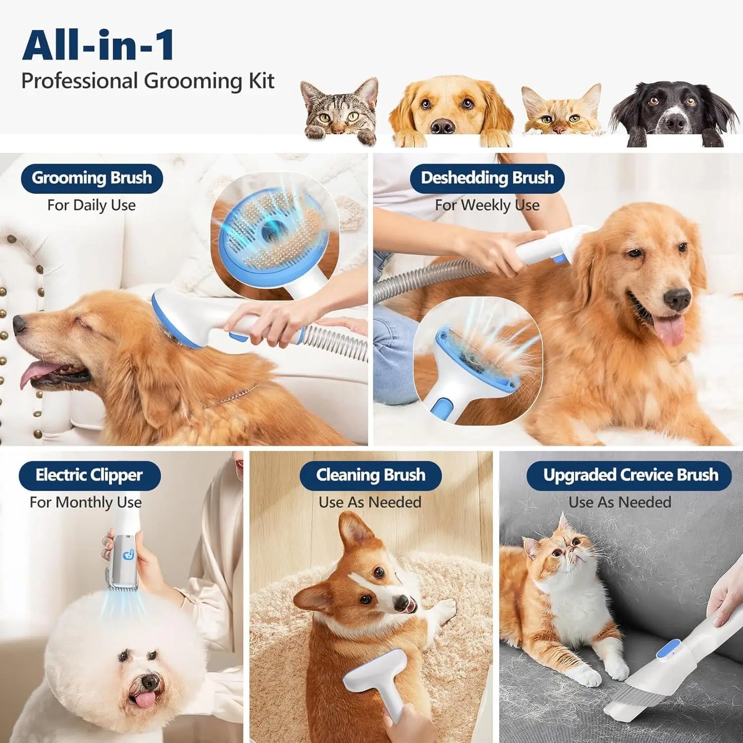 Hign-Concerned Pet Grooming Vacuum Kit 5 In 1 Low Noise