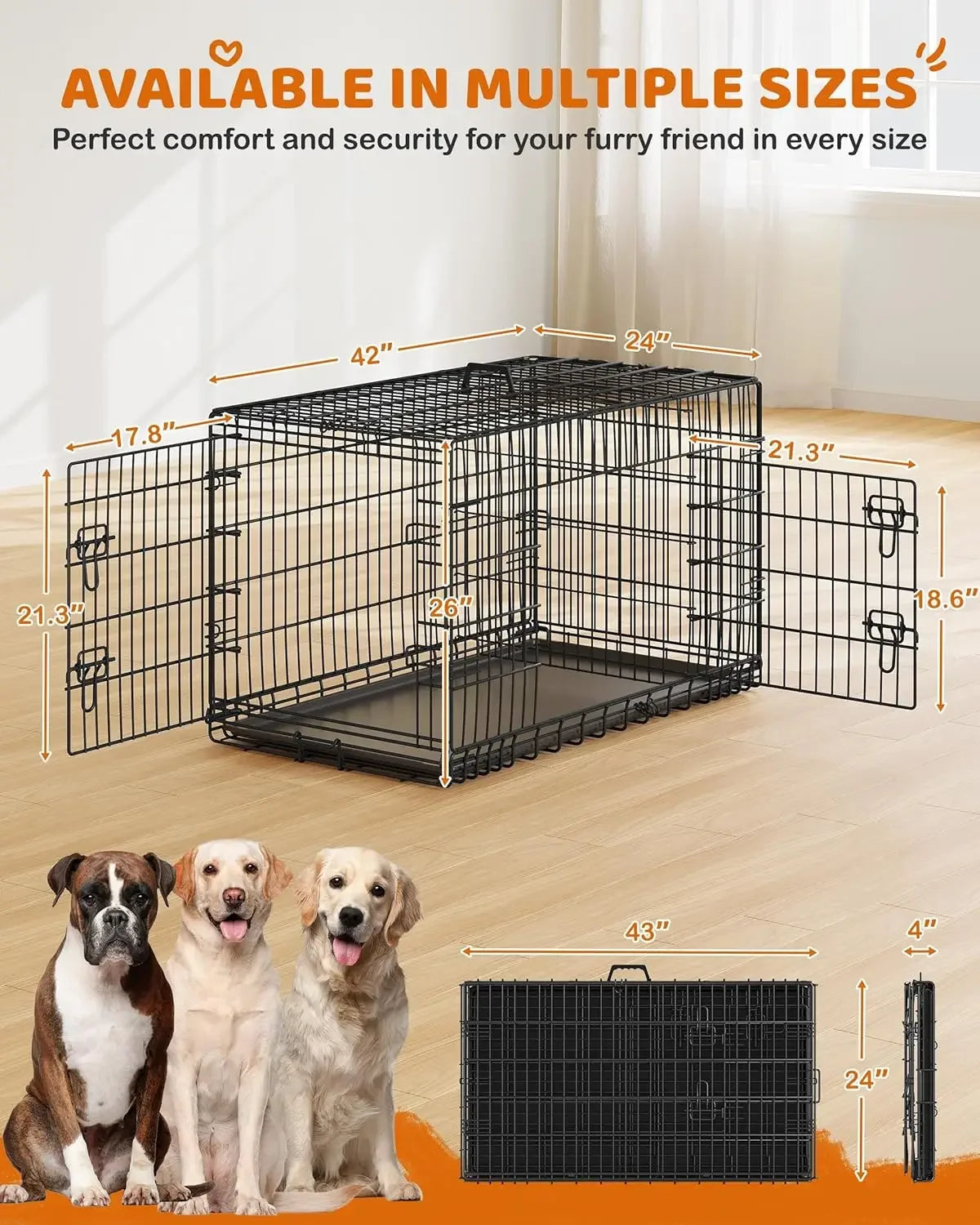 XMSJ Double Door Collapsible Metal Dog Crate With Tray