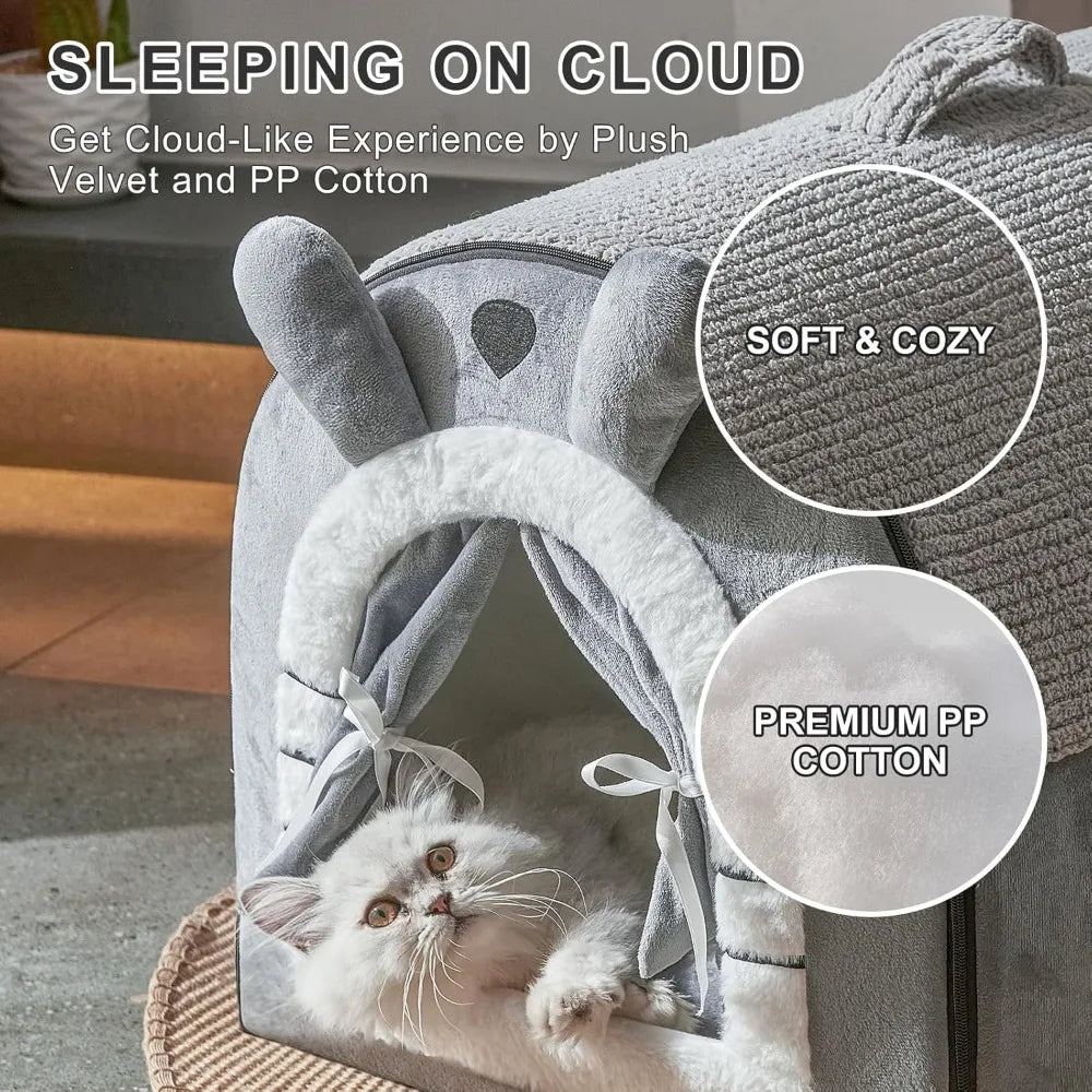 Indoor Dog Cave Bed With Door Curtain And Reversible Pad