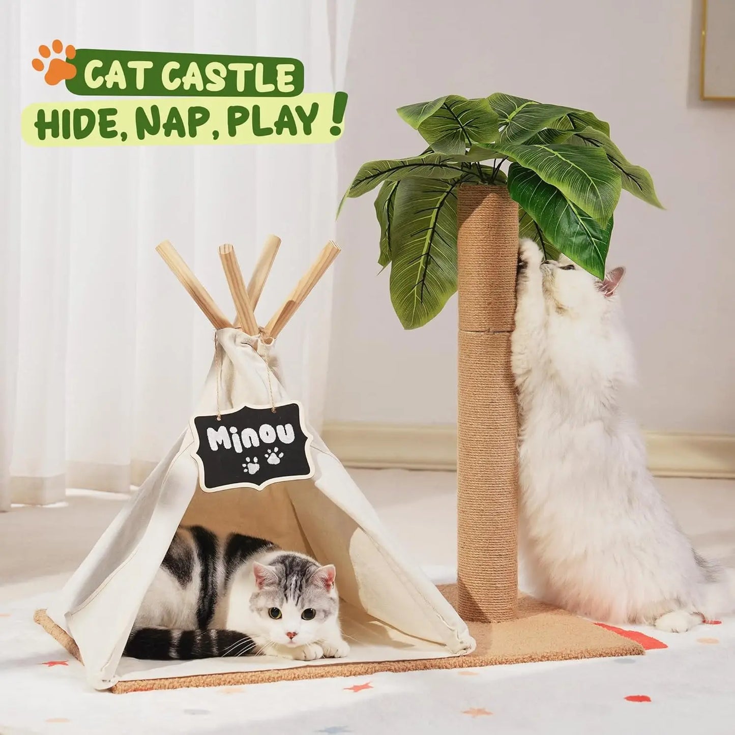 MEWOOFUN Cat Scratching Post Teepee Tree Indoor Play House