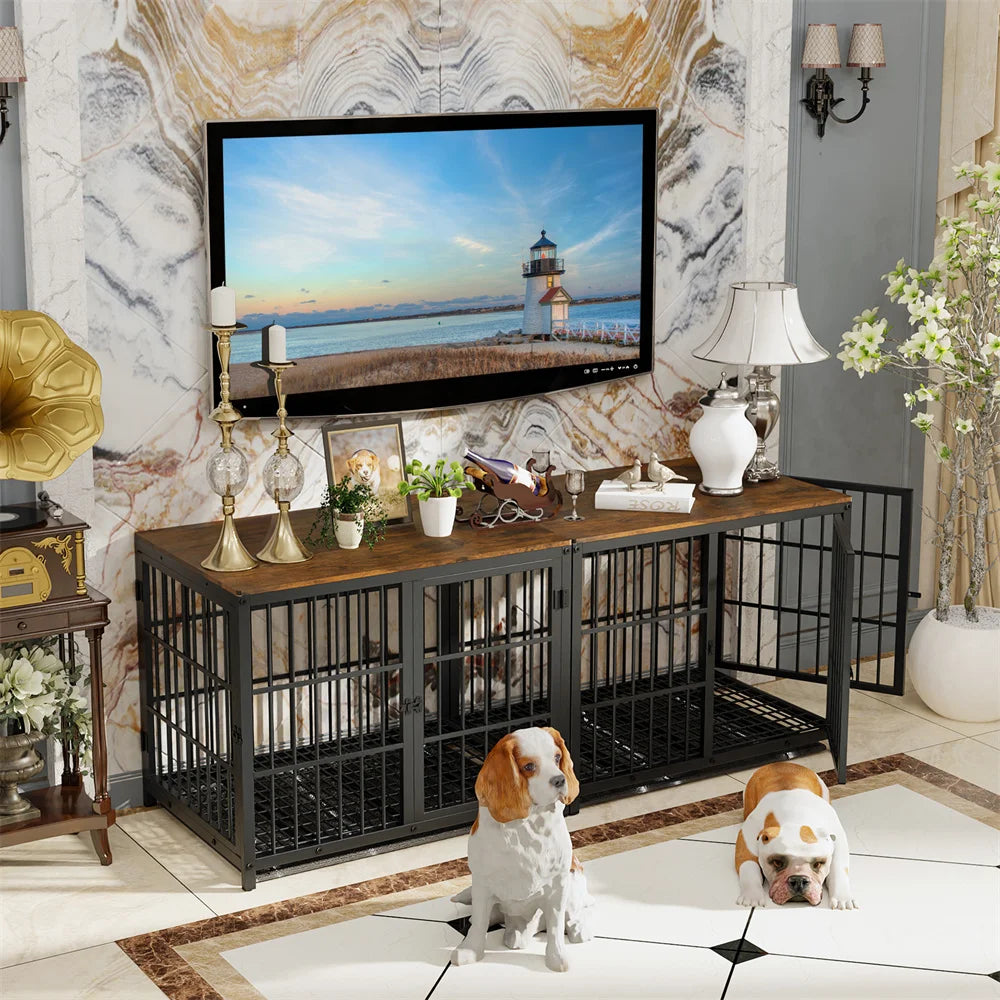 BORWARTH Wooden Elevated Dog Crate Table Kennel With 3 Doors