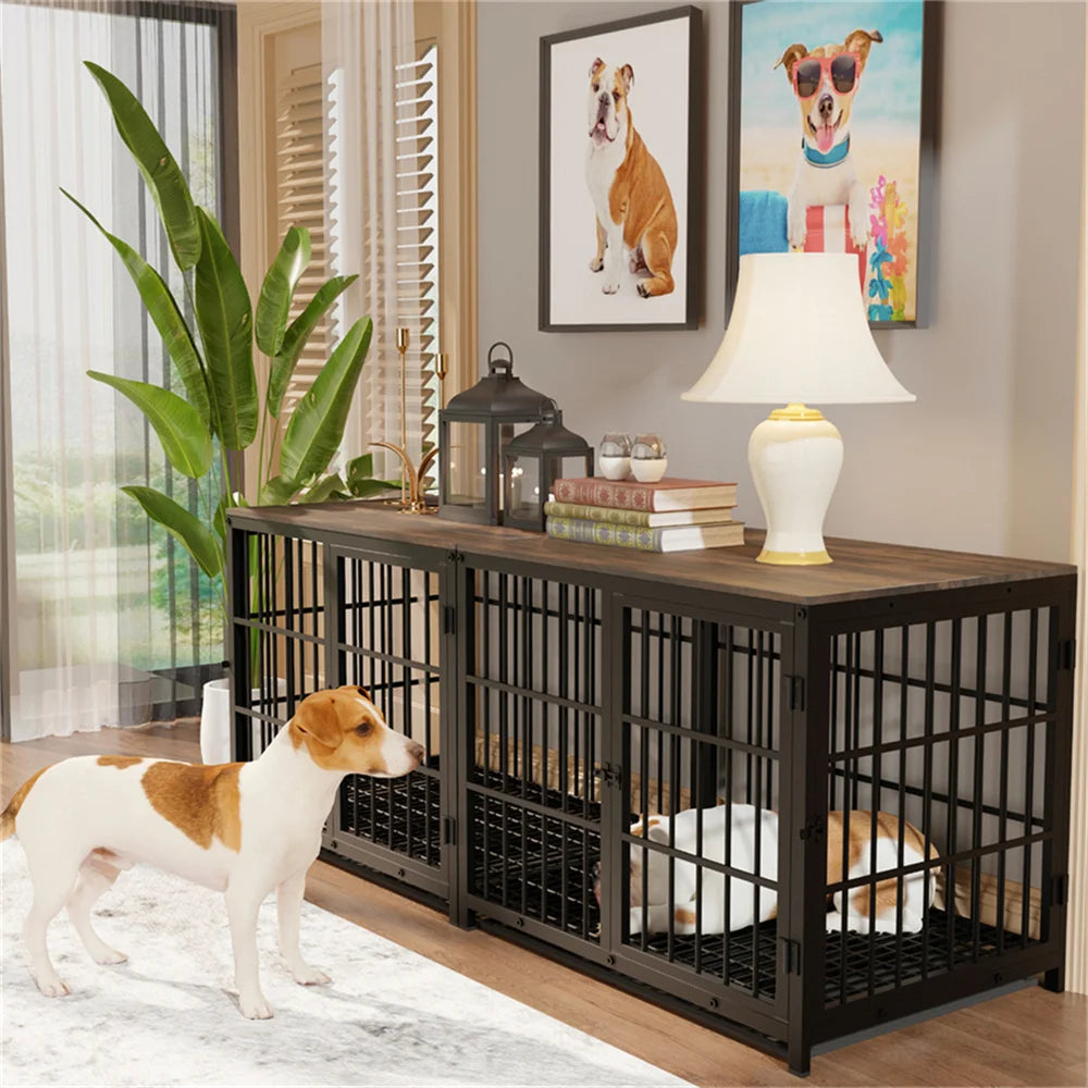 BORWARTH Wooden Elevated Dog Crate Table Kennel With 3 Doors