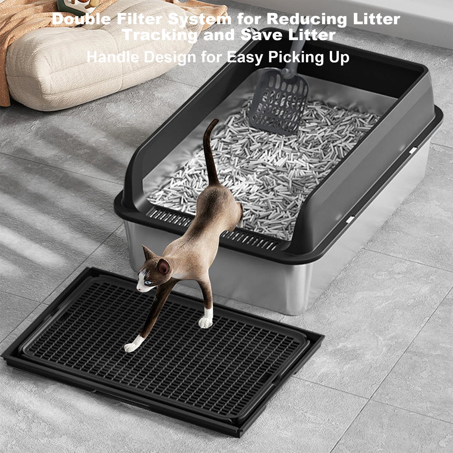 HiMISSH Stainless Cat Litter Box High Sided With Double Mat