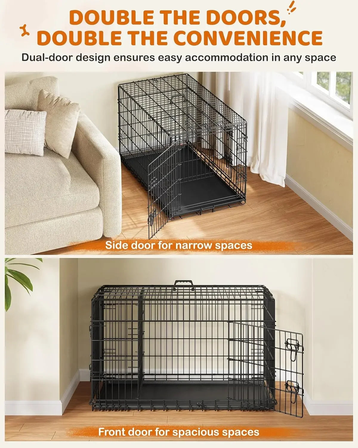 XMSJ Double Door Collapsible Metal Dog Crate With Tray