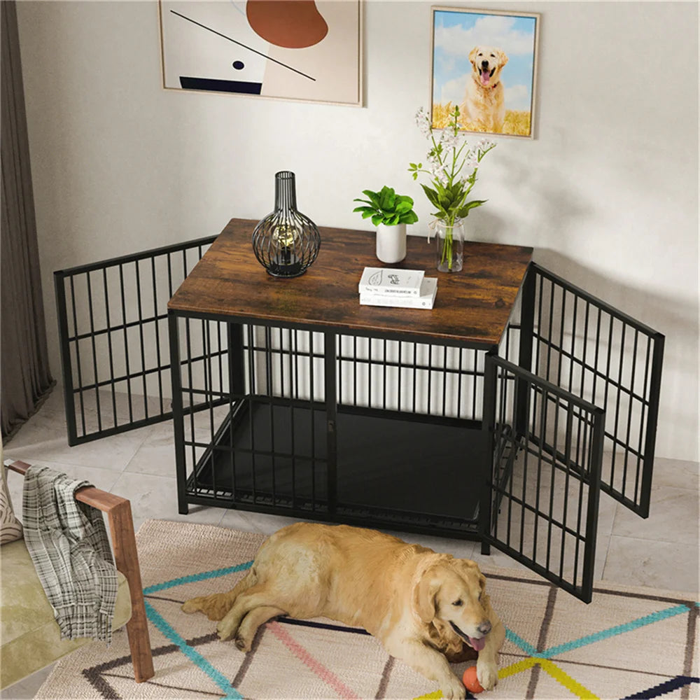 BORWARTH Wooden Elevated Dog Crate Table Kennel With 3 Doors
