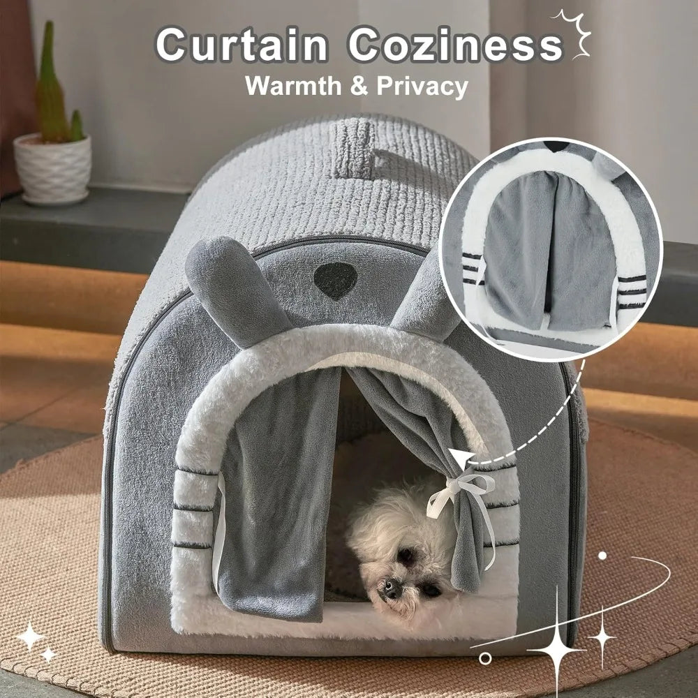 Indoor Dog Cave Bed With Door Curtain And Reversible Pad