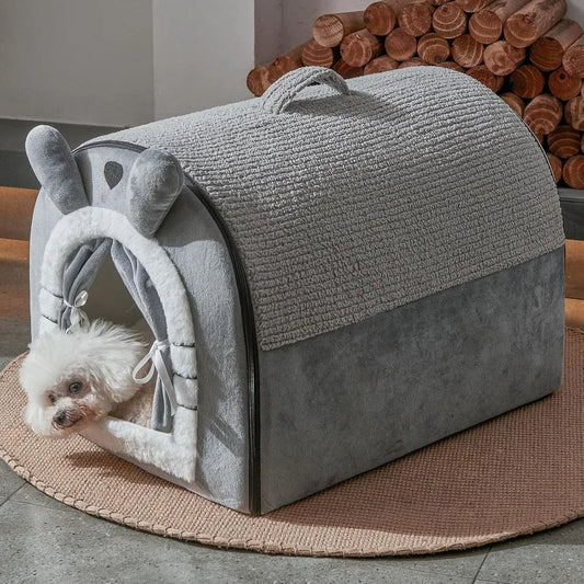 Indoor Dog Cave Bed With Door Curtain And Reversible Pad
