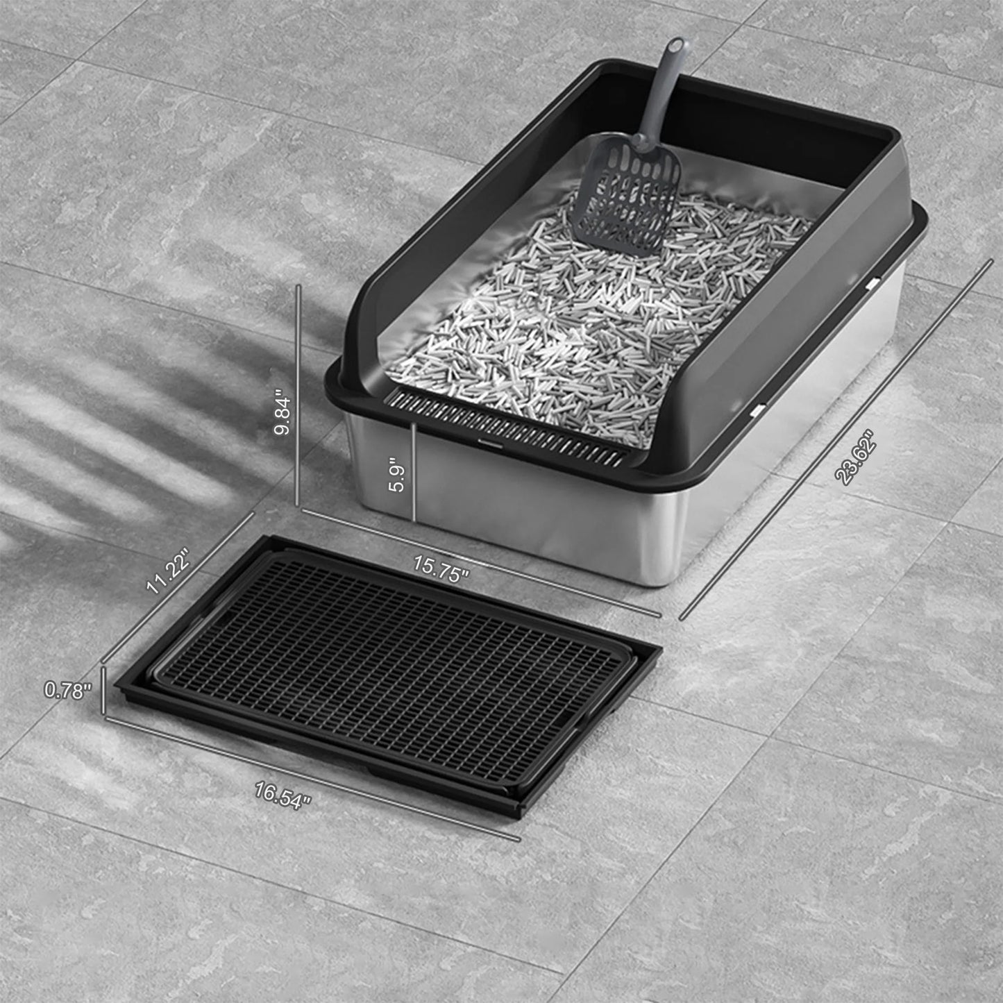 HiMISSH Stainless Cat Litter Box High Sided With Double Mat