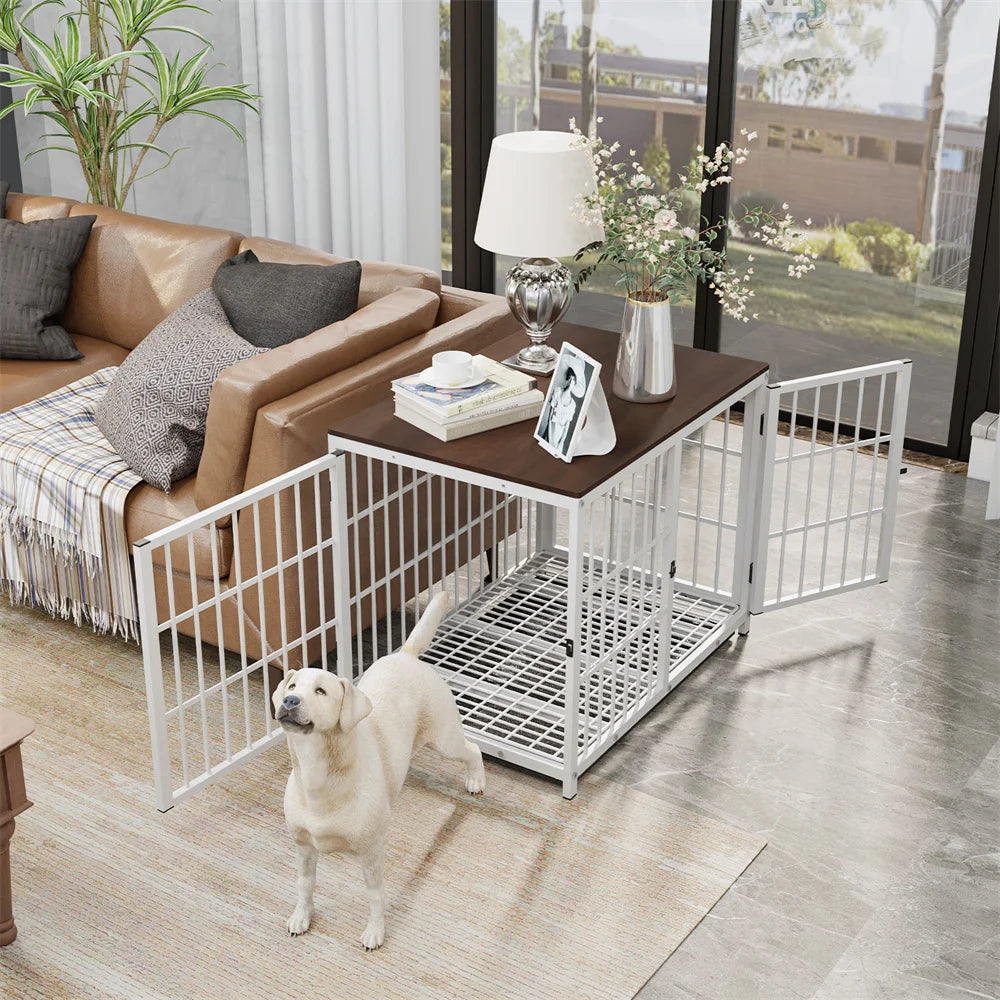BORWARTH Wooden Elevated Dog Crate Table Kennel With 3 Doors