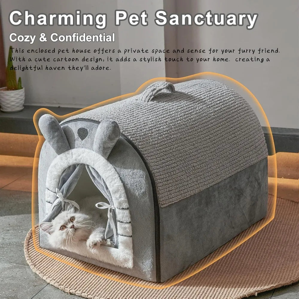 Indoor Dog Cave Bed With Door Curtain And Reversible Pad